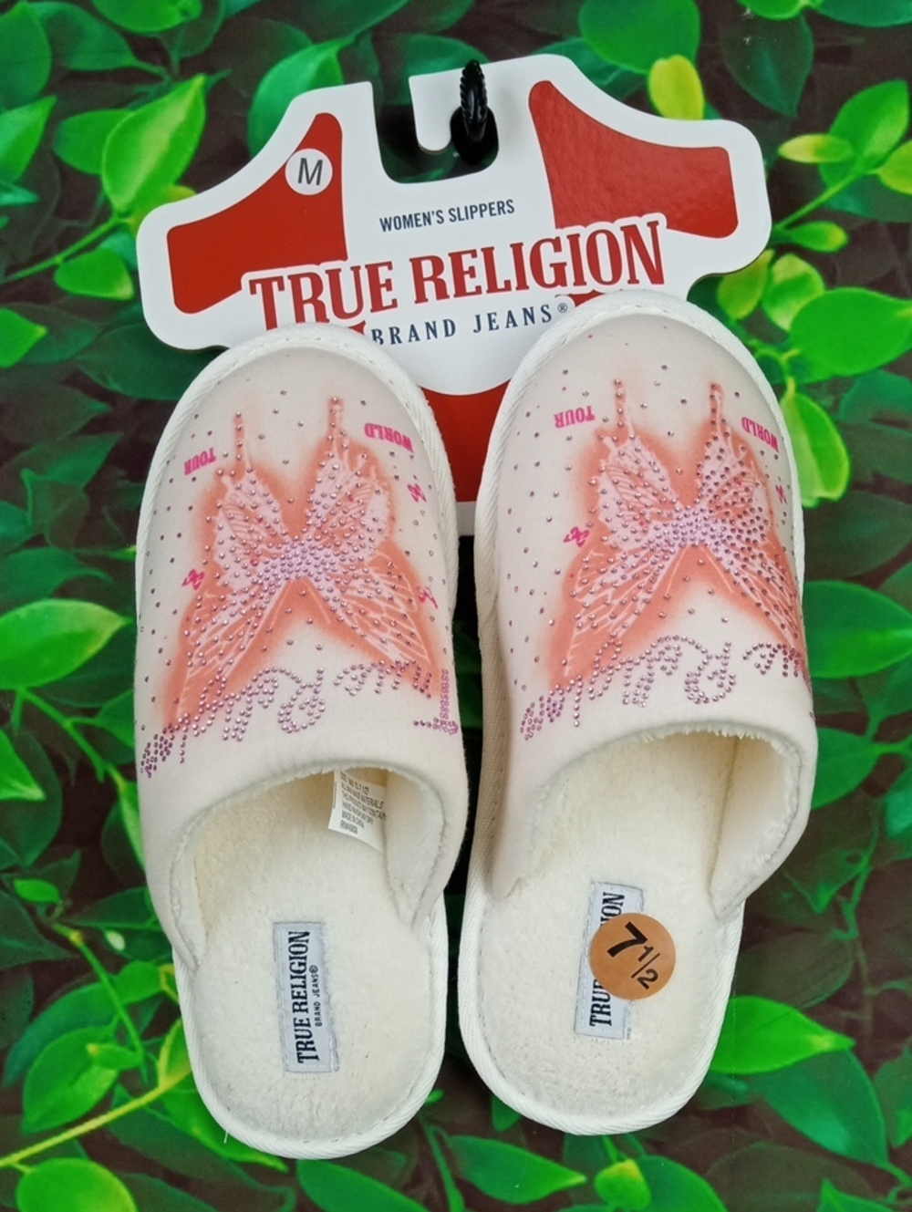 👠🍒 True Religion Pink Butterfly Rhinestone Accent Women's Slippers